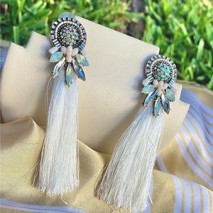 Beautiful White Long Tassel Earrings with stones, so luxury and chic